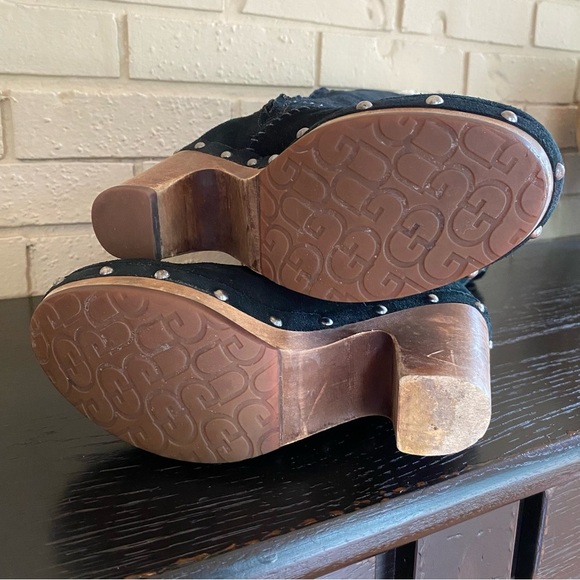 UGG Sz 7 LILLIAN Tall Black Suede Leather/Sheepskin Boots Studded Stacked Heel - Picture 7 of 10